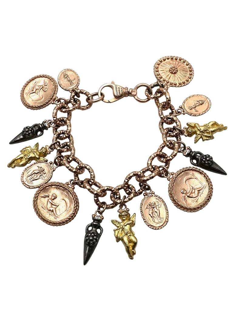 Tagliamonte Bronze Charm Bracelet 8 Inch Rare Find Cherub Angels Tri Color